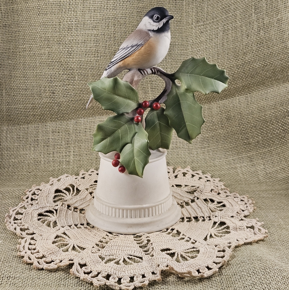 Edward Boehm Painted Bird Figurine Black-Capped Chickadee on Holly Porcelain